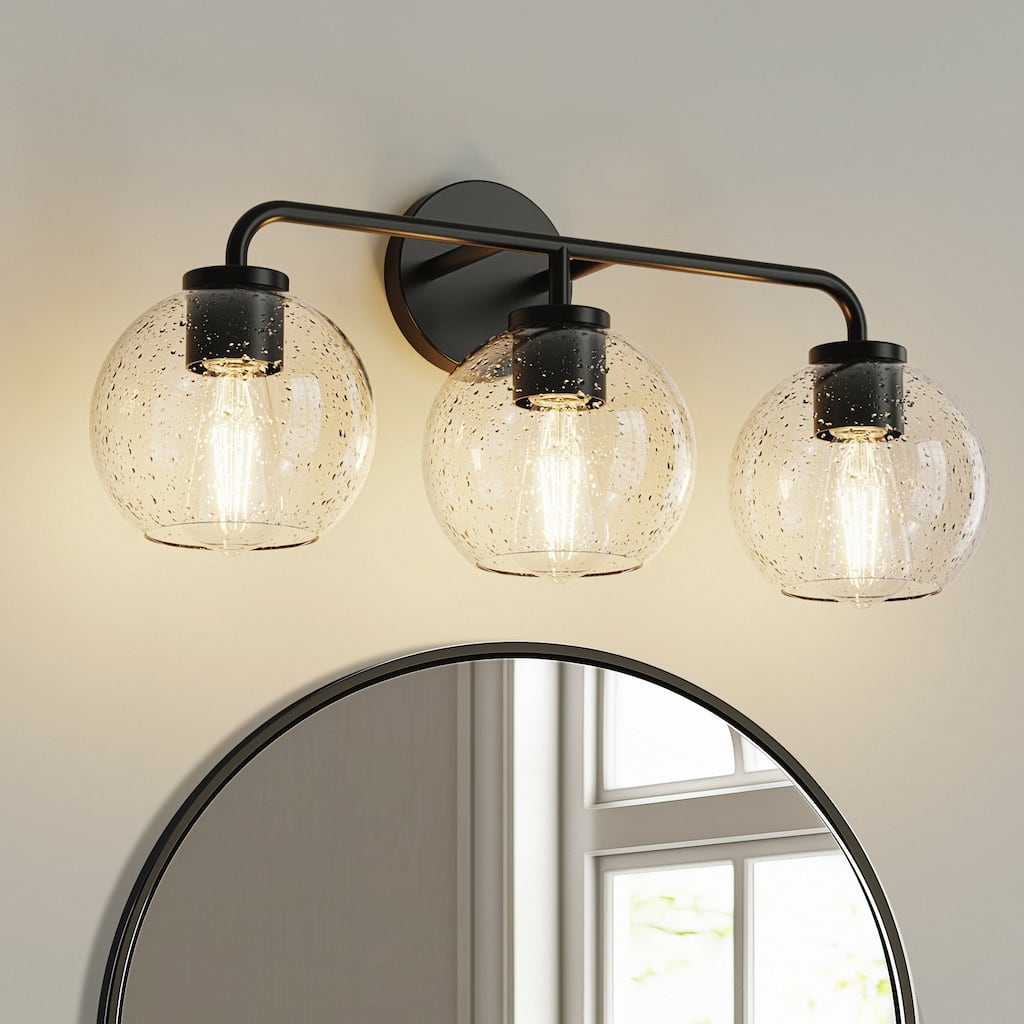 YANSUN 22.6in 3-Light Black Vanity Light with Bubble Glass Globe Shades, Modern E26 Wall Sconce for Bathroom Lighting and Mirror