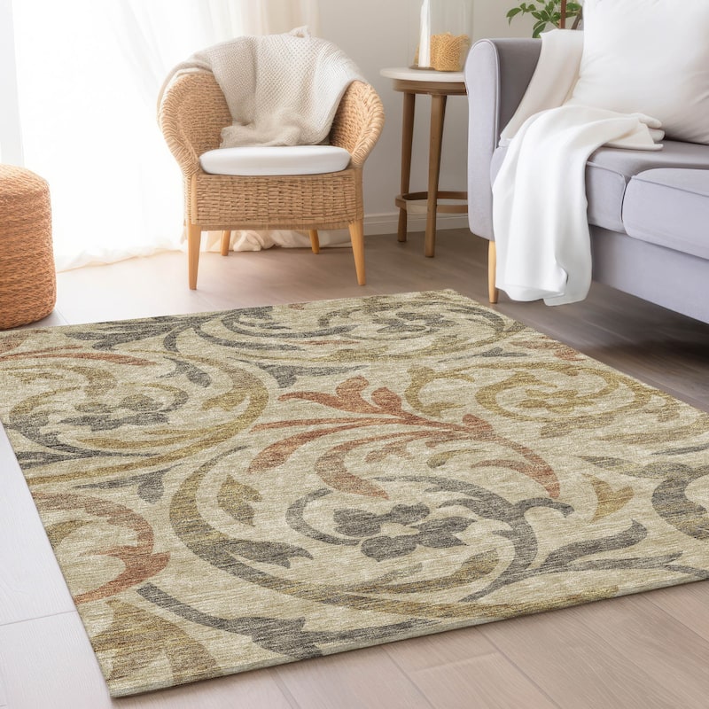 Machine Washable Indoor/ Outdoor Chantille Floral Scroll Rug