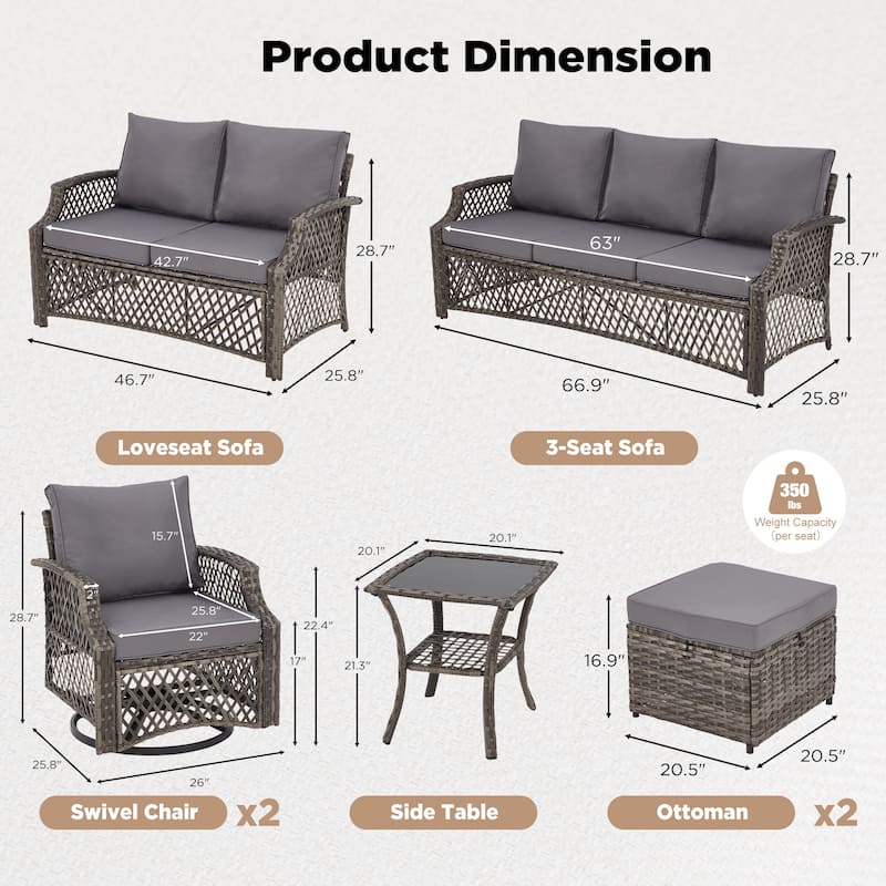 Outdoor Wicker Patio Set w Swivel Chairs & Sofa, Ottomans and Tables, Modular 3/5/6/7-Piece, All-Weather Conversation Set.