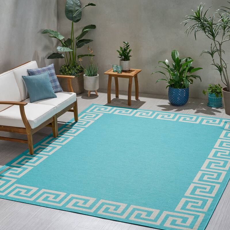 Turquoise Outdoor Area Rug with Greek Key Border, Durable Polypropylene, Ideal for Outdoor Spaces - 9'3" x 12'3"