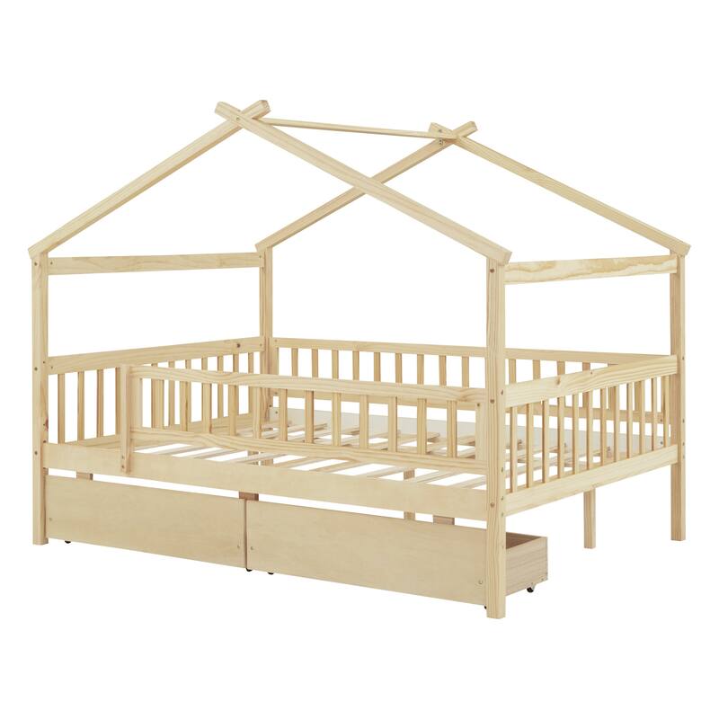 Kids Twin/Full Wooden House Bed with Roof and Storage Drawers, Solid Pine Frame