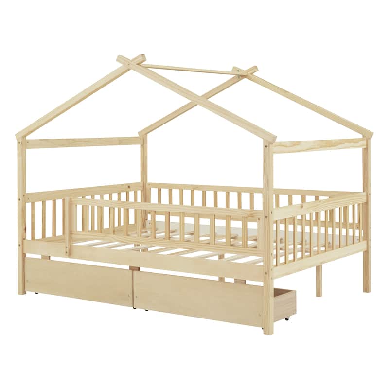 Natural Full Size Wooden House Bed with Two Drawers and Roof