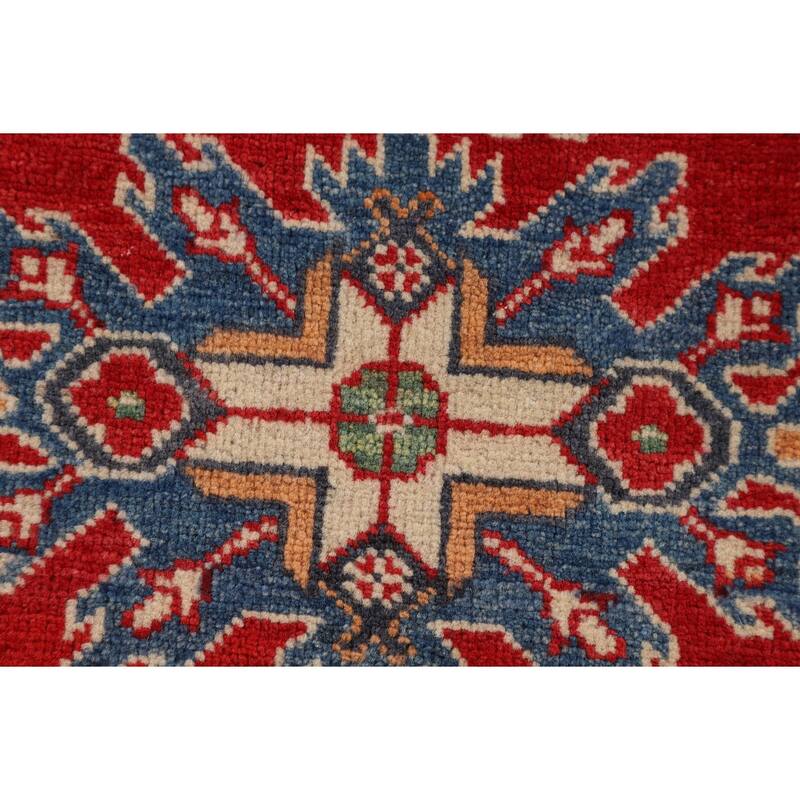 Geometric Red Kazak Foyer Rug Hand-Knotted Wool Carpet - 2'10" x 4'3"
