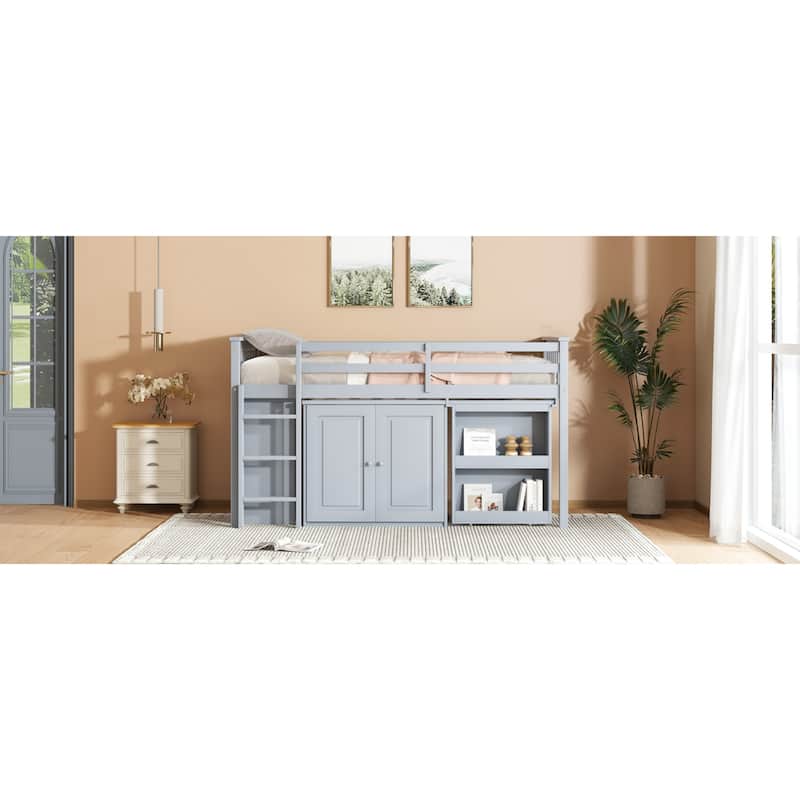 Roomfitters Twin Loft Bed with Storage Cabinet, Pull-Out Desk & Shelving, Rubber Wood Bed with Safety Guardrail & Ladder, Grey