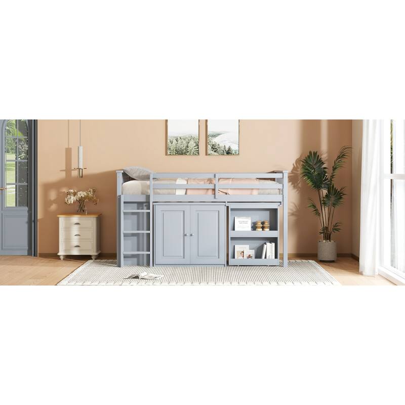 Roomfitters Twin Rubber Wood Loft Bed with Storage Cabinets, Pull-Out Desk, Safety Guardrail and Ladder