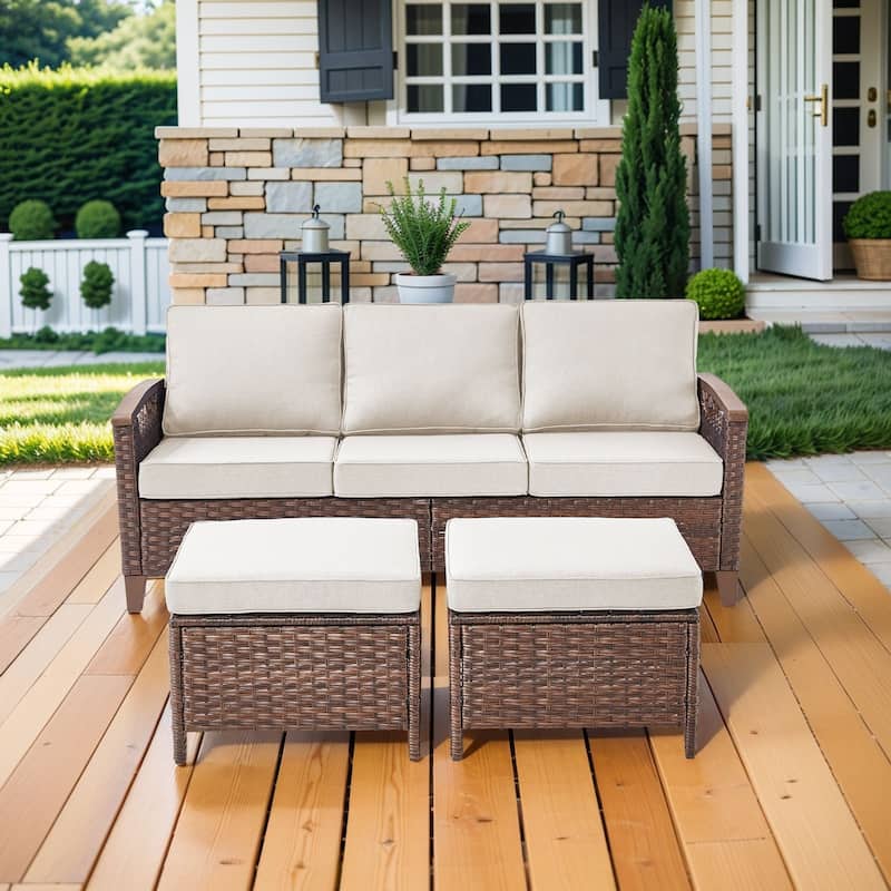 Pocassy Outdoor Brown Wicker Funitre with Cushion Set - Beige Cushion - 3-Seat Sofa with Ottoman Set
