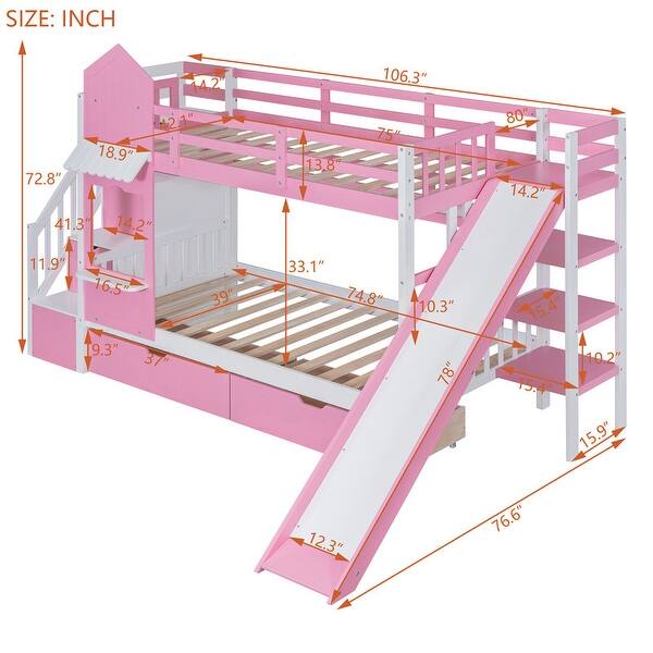 Impression & Castle Style Twin over Twin Bunk Bed with 2 Drawers 3 Shelves and Slide, Sturdy construction & Extra Fun, Pink
