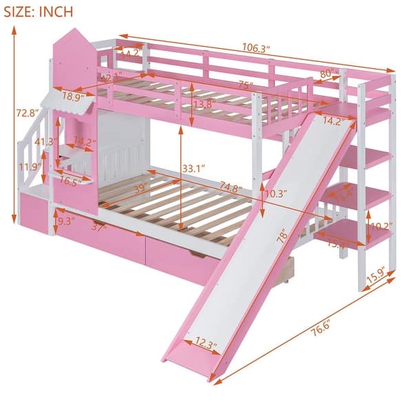 dimension image slide 1 of 3, Twin-Over-Twin Castle Style Bunk Bed with 2 Drawers 3 Shelves and Slide