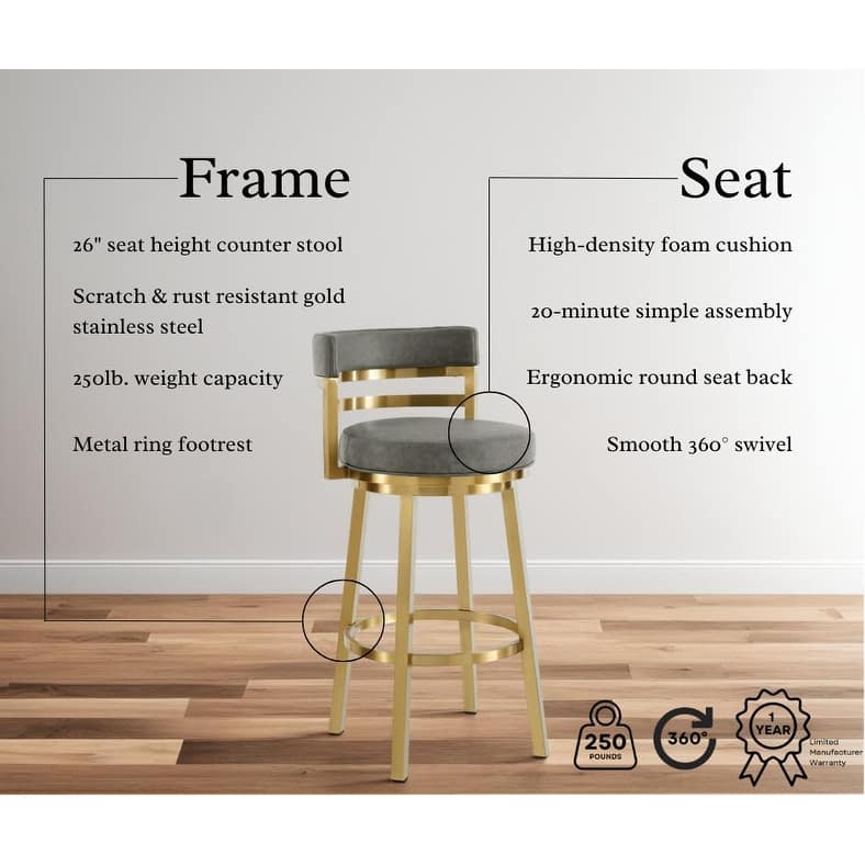 Madrid Modern Swivel Bar Stool, Upholstered Counter Height Chair with Metal Frame