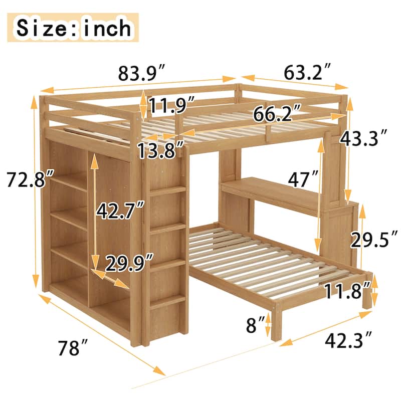 Convertible Queen Loft Bed with Desk, Wardrobe, and Shelves, Solid Wood Frame, Natural Finish