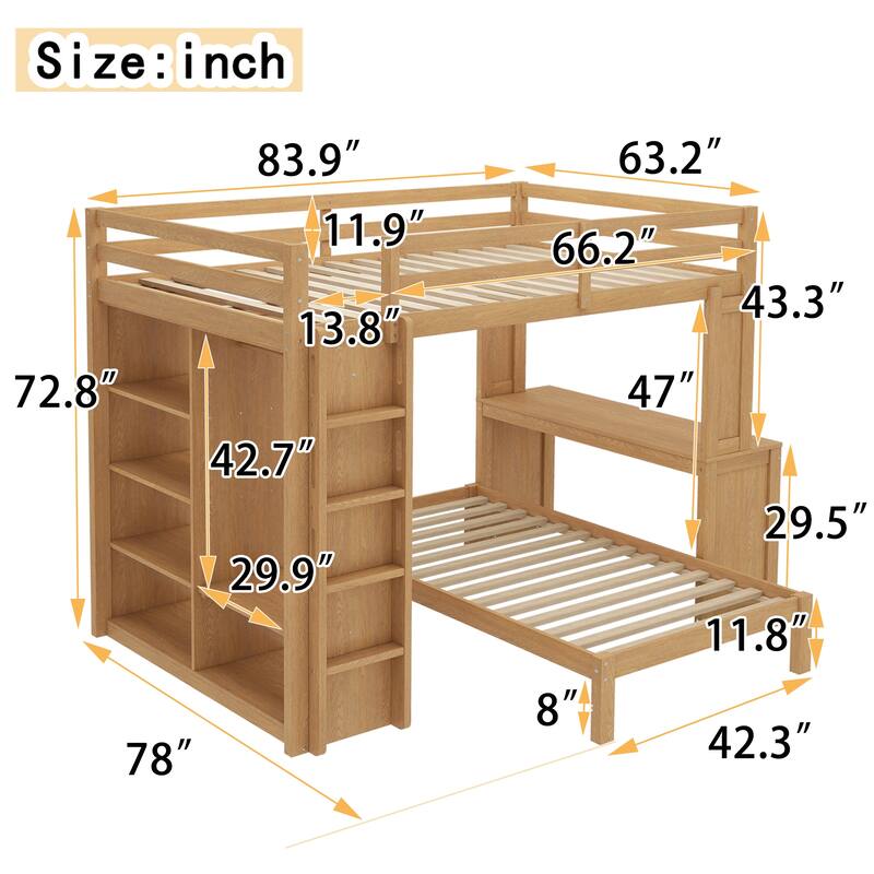 Queen Size Loft Bed & Twin Size Platform Bed Set, Wood Bunk Bed with Built-in Desk, Open Shelves and Wardrobe, Queen Over Twin