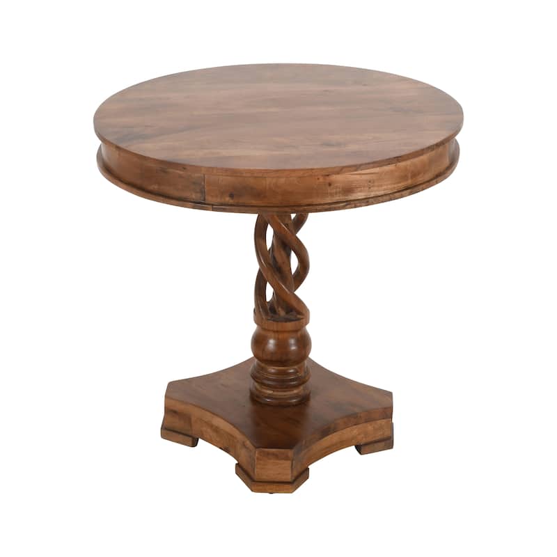 30 Inch Handcrafted Round Mango Wood Dinette, Artisanal Twisted Pedestal Base, Walnut Brown