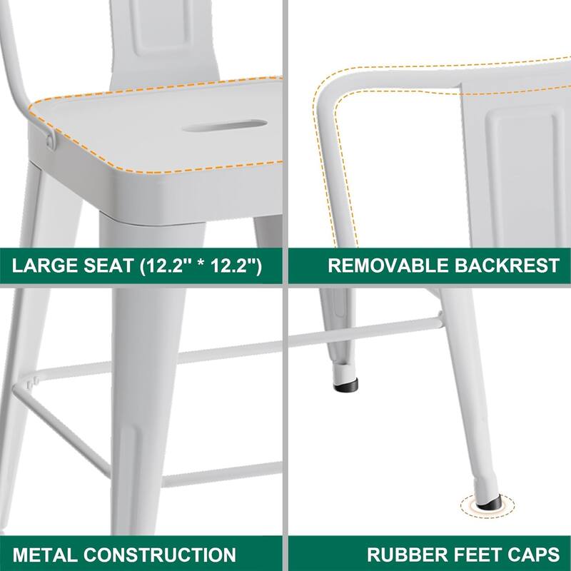 Metal Counter & Bar Stools Set of 4, 26" and 30" Seat Height Barstools with Metal Frame and Low Back for Kitchen lsland
