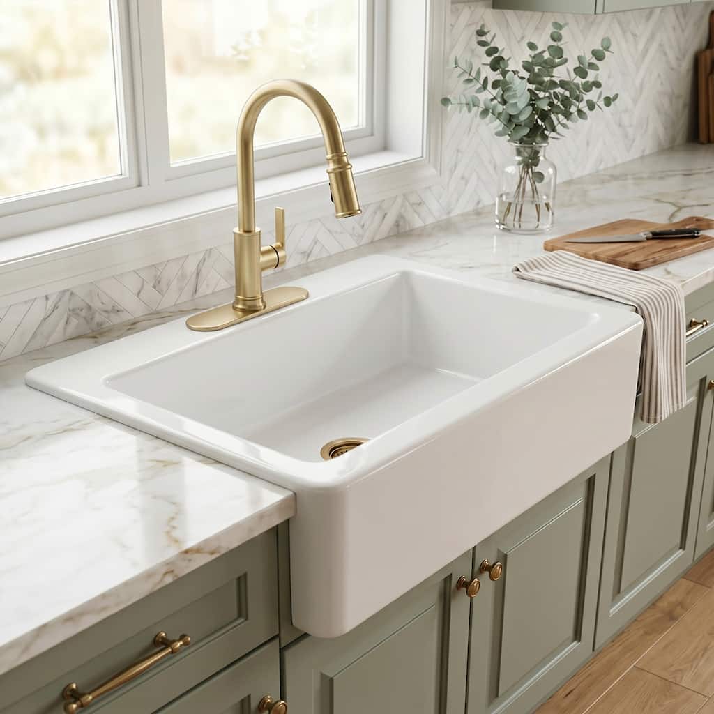 Parker Crisp White Fireclay 34" Single Bowl Quick-Fit Drop-in Farmhouse Apron Front Traditional-Style Kitchen Sink and Drain