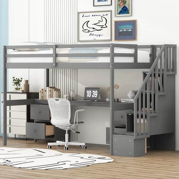 slide 2 of 19, Gray Twin Size Solid Wood Loft Bed with Built-in Desk and Double Storage Drawers Gray