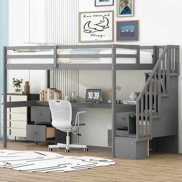 slide 2 of 19, Gray Twin Solid Wood Loft Bed with Desk & Drawers Gray
