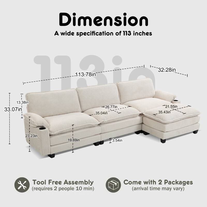 L-Shaped Modular Sectional Sofa with Ottoman, Oversized Corduroy Upholstered Cloud Couch with Cup Holders & Side Pockets