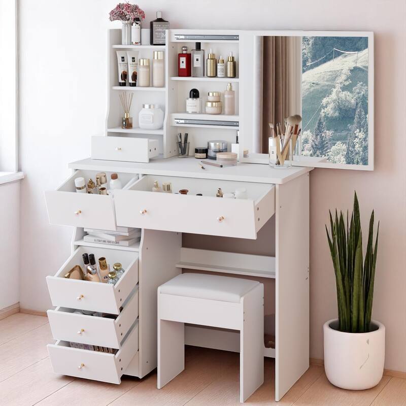 37" Makeup Vanity Table with Left Drawers, Sliding Mirror & High-Capacity Storage, Includes Stool