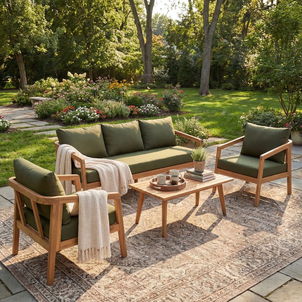 Christopher Knight Home - Outdoor Acacia Wood 5-Seater Patio Conversation Set with Water-Resistant Cushions and Coffee Table