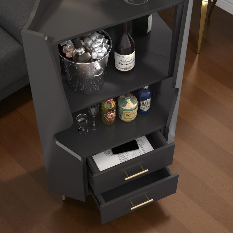 Modern Wooden Corner Bar Cabinet with Mirrored Back, 2 Drawers and Open Shelves, Buffet Sideboard for Dining or Living Room