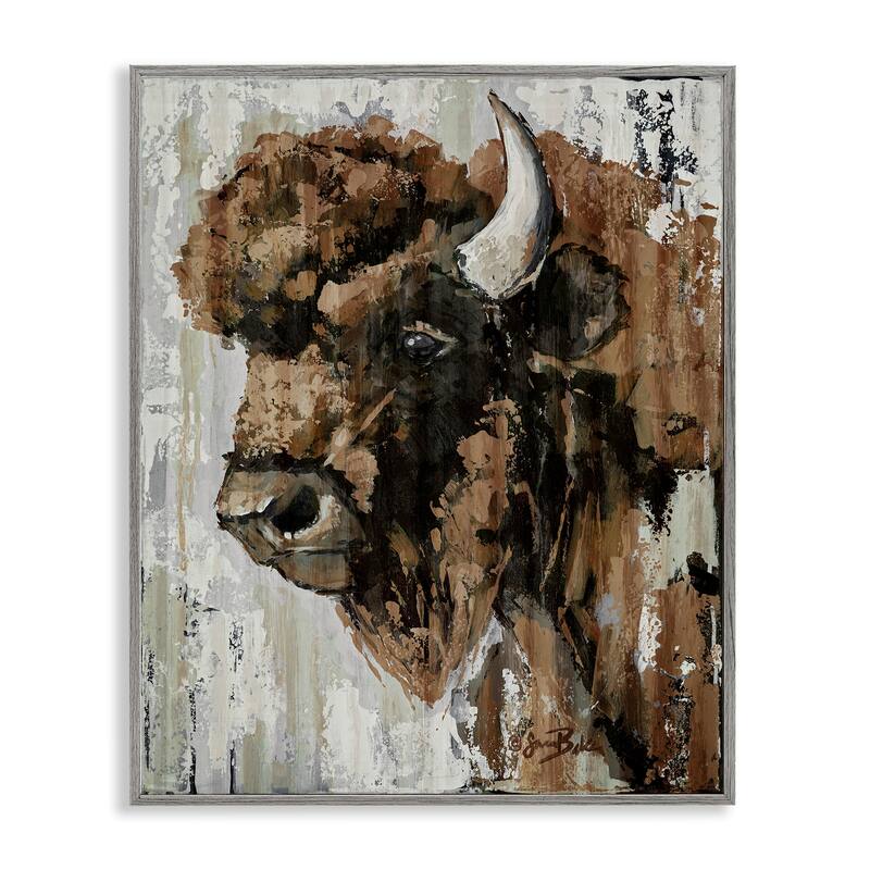 Stupell Abstract Bison Visage Framed Giclee Art Design By Sara Baker - 11 x 14 - Grey