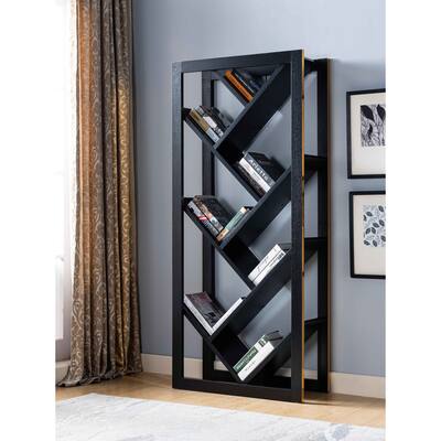 Q-Max Vertical Accent Geometric Bookcase Featuring Seven V Shape Shelves has a Faux Gold Trim