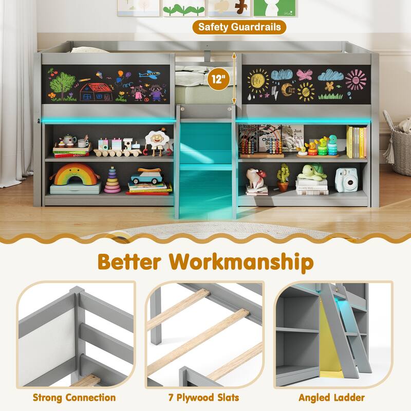 Gymax Low Loft Bed Twin Size Wooden Bed Frame Kid's Cabin Bed w/