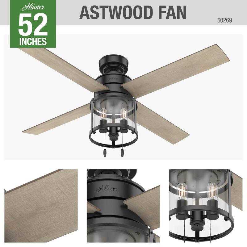 Hunter 52" Astwood Ceiling Fan with LED Light and Pull Chain - Transitional, Modern Farmhouse - Exclusive Surespeed Guarantee!