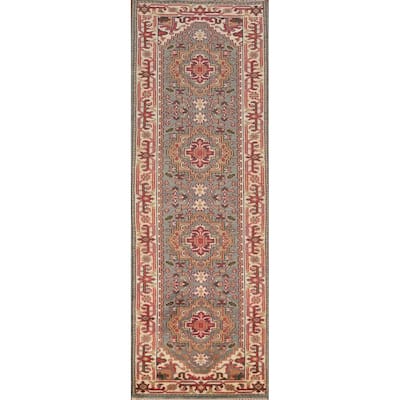 Geometric Heriz Serapi Indian Runner Rug Hand-Knotted Wool Carpet - 2'7" x 10'1"