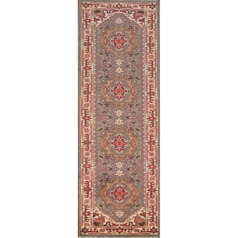 Geometric Heriz Serapi Indian Runner Rug Hand-Knotted Wool Carpet - 2'7" x 10'1"