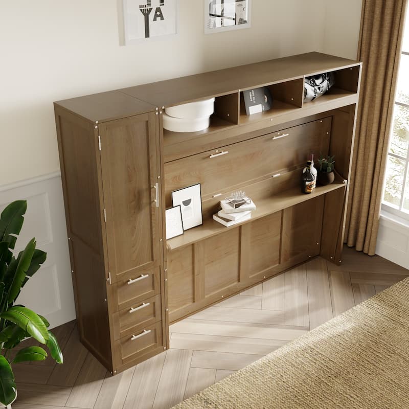 Full Size Murphy Bed with Wardrobe, Drawers & Shelves