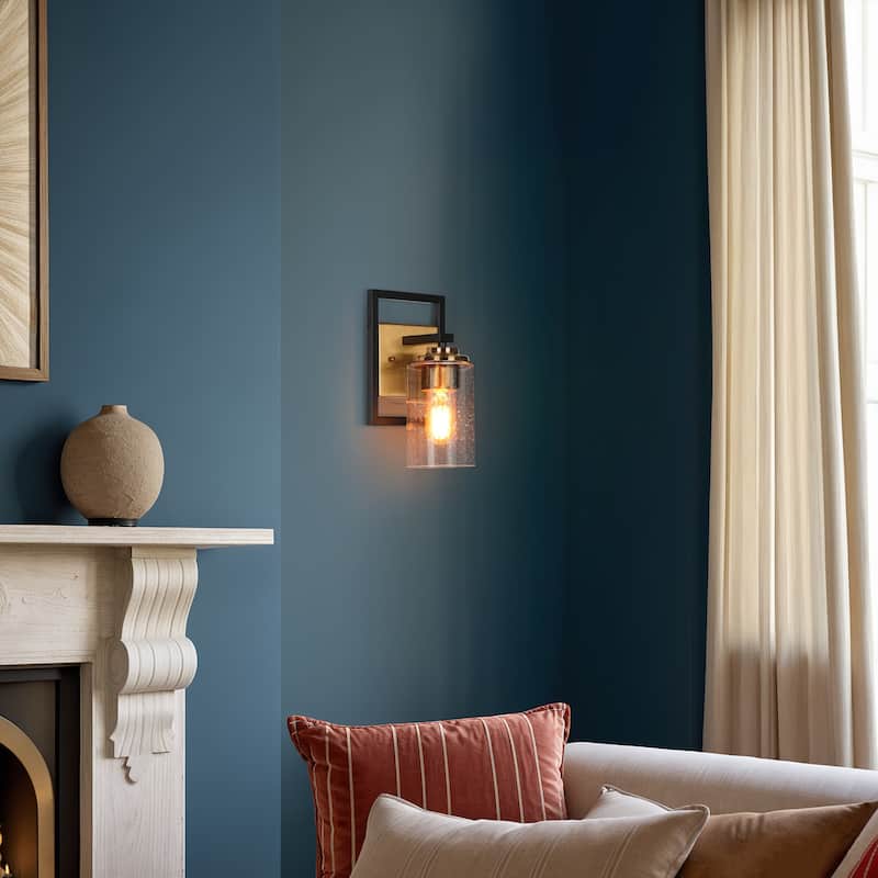 Modern Black Gold 1-Light Mini Bathroom Wall Sconce Seeded Glass Vanity Lights - 5.5" L x 6" W x 10" H