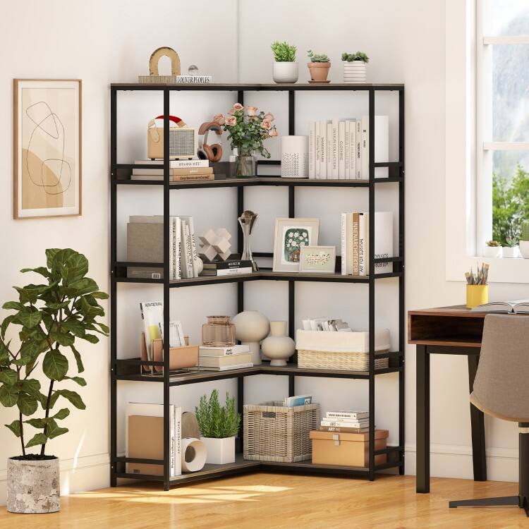 Metal and Wood L-Shaped Bookshelf 5-Tier Corner Shelf with Anti-Tip Kits - 43.5" L x 35" W x 71" H