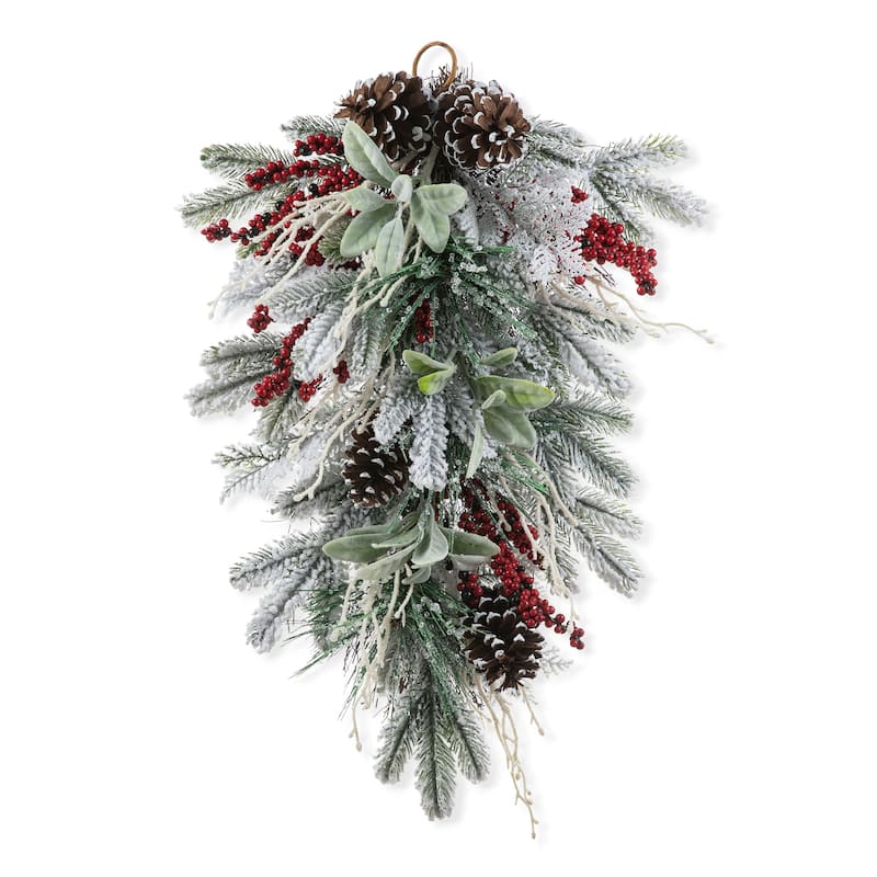 Glitzhome Artificial Christmas Flocked Pinecone Berry Teardrop Wreath Centerpiece - Single Teardrop