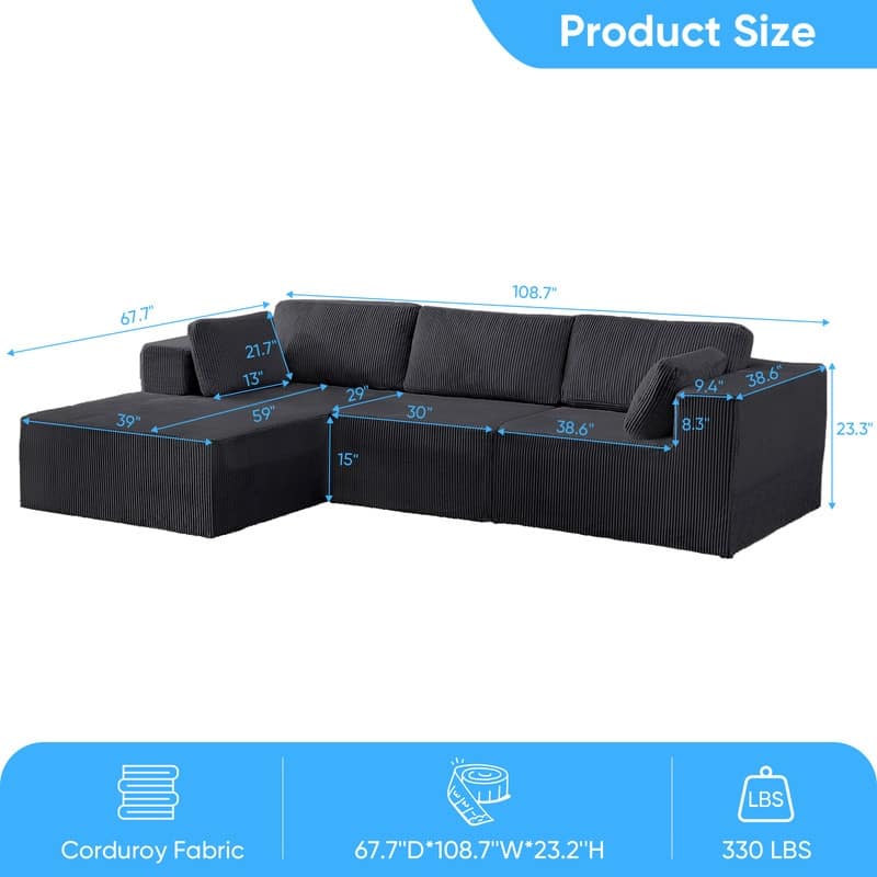 Mixoy 3-Pcs Free Combination Modular Sectional Sofas,Corduroy Compressed L-Shaped Sofa with Flexible Configuration - 3-Seater