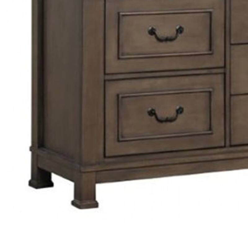 Huder Wide Dresser, 9 Drawers, Dark Walnut Brown Solid Wood, Black