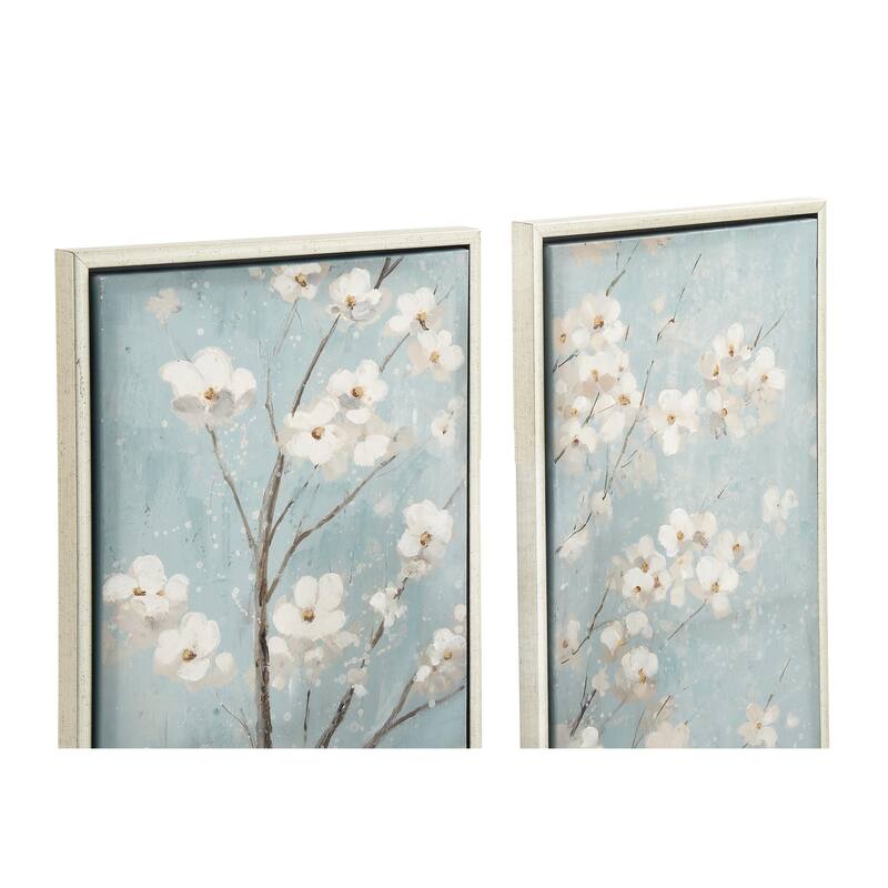 Canvas Floral Cherry Blossom Framed Wall Art with Silver Frame - Set of 2 Teal - Roche River Decor