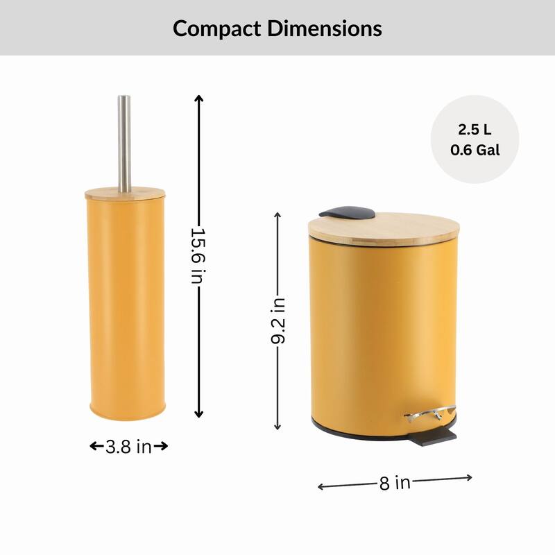 Bathroom Set with Bamboo Lid - Matte Metal Trash Can and Toilet Brush - 15.6" H x 11" L x 11" W