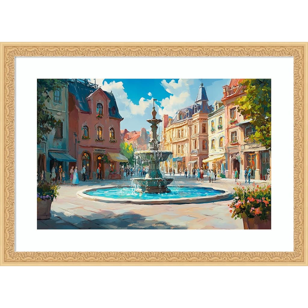 City Gathering Water Fountain by Tradelink inhouse artist Wood Framed Wall Art Print - Bethany Gold