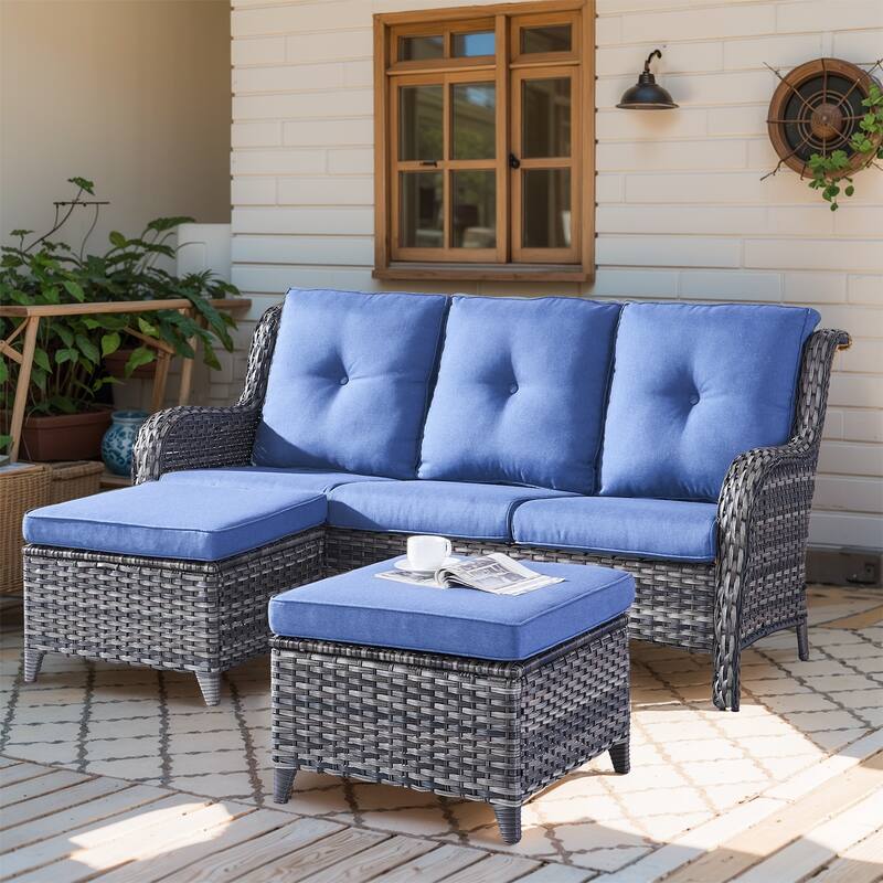 Gymojoy Patio Wicker 3-Seat Sofa with Ottoman - Grey - Blue