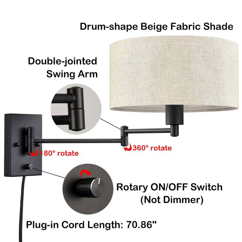Cagli Black & Beige Shade Wall Sconces Plug-in & Hardwired Swing Arm Wall Lights, 1-Light