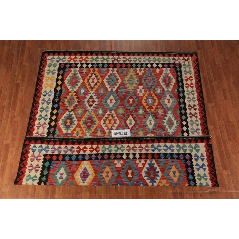 All-Over Trellis Kilim Oriental Area Rug Flatweave Wool Carpet - 8'4"x 9'5"