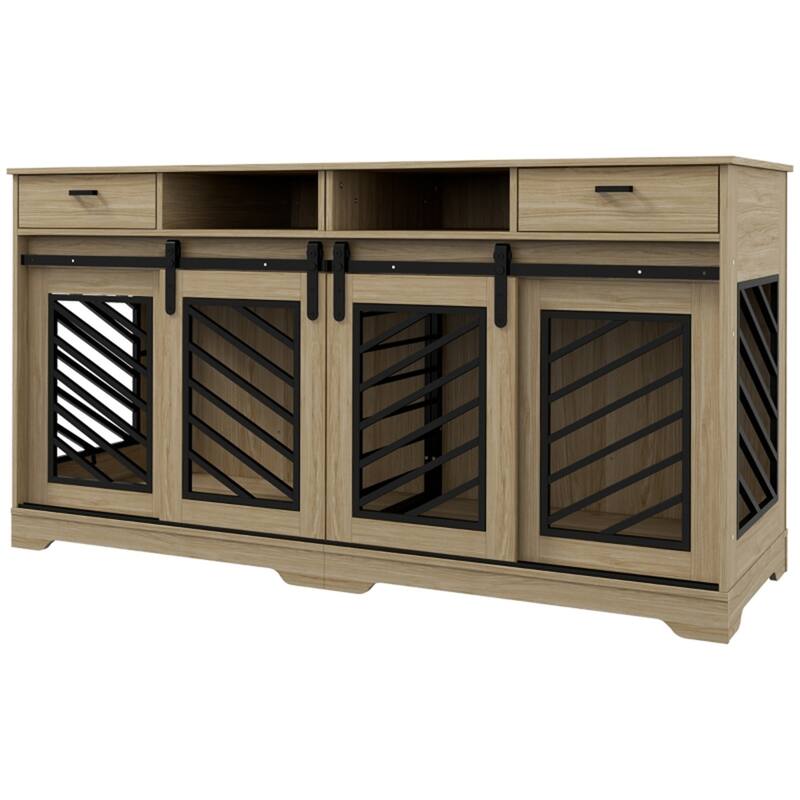 Oak Wooden Dog House and Side Table with Removable Divider and Storage Compartments - 64.2"L x 20.1"W x 25.8"H