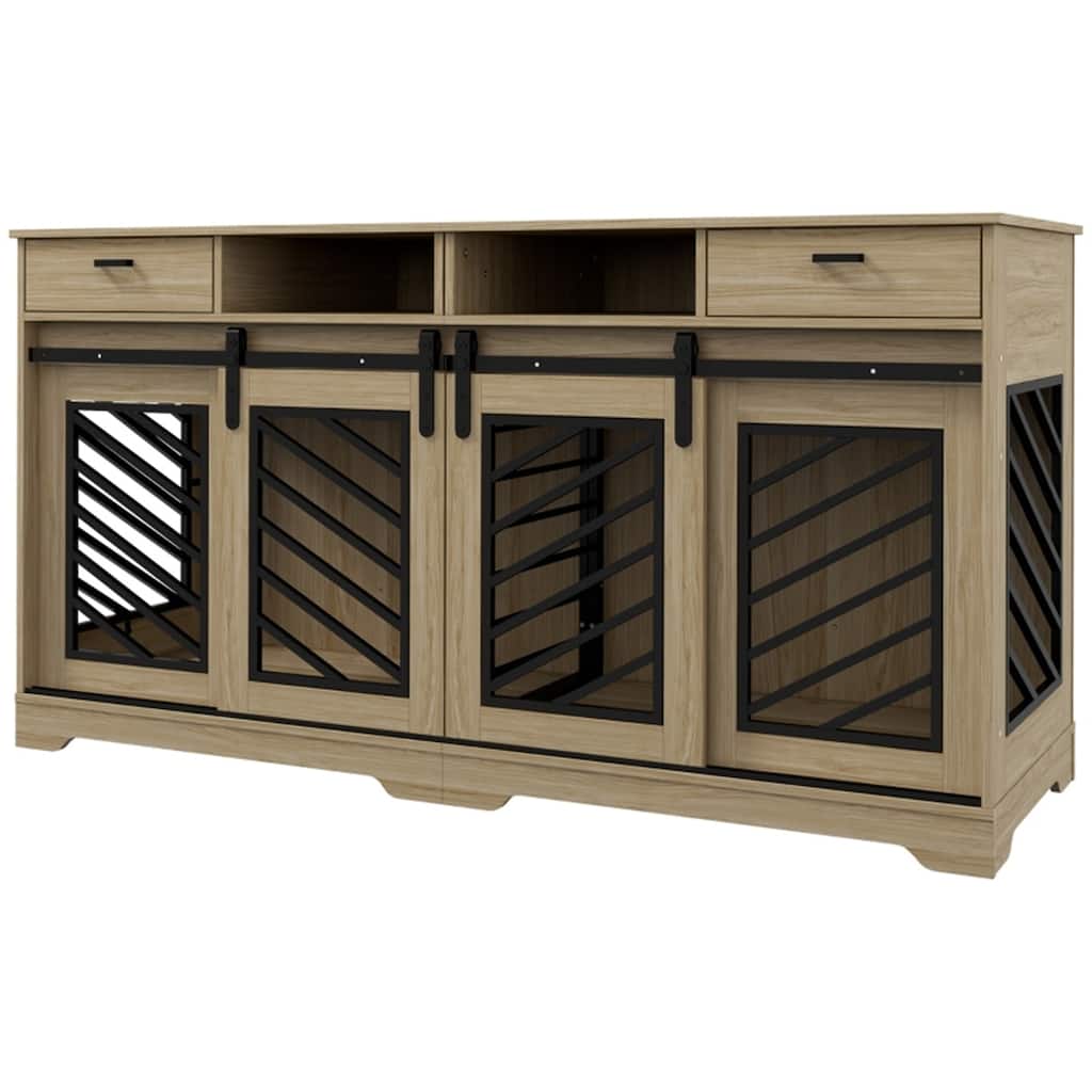 Oak Wooden Dog House and Side Table with Removable Divider and Storage Compartments - 64.2"L x 20.1"W x 25.8"H