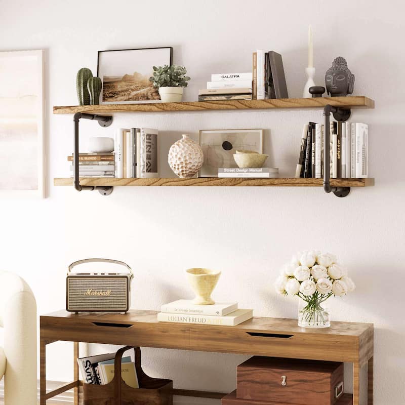 Wallniture 60"x 9.25" Industrial Pipe Shelf, Wood Wall Shelves, Floating Bookshelves for Wall, Burnt, 2 Tier