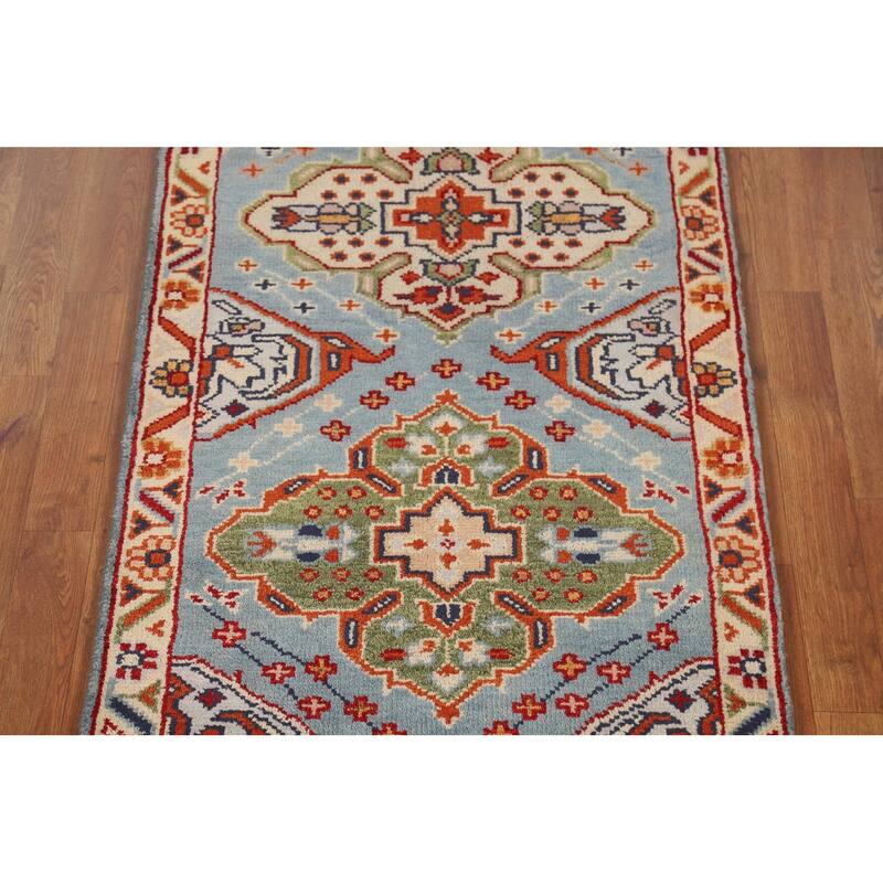 Light Blue Geometric Kazak Indian Runner Rug Hand-Knotted Wool Carpet - 2'7"x 7'10"