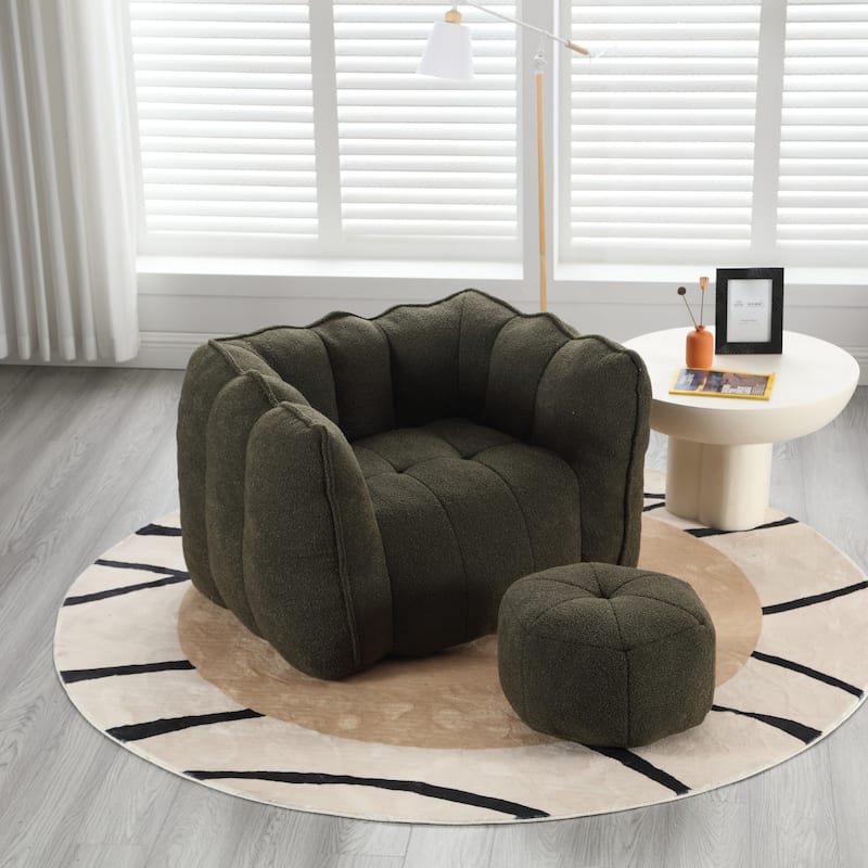 Soft Chenille Square Lazy Sofa Chair with Footstool - Olive