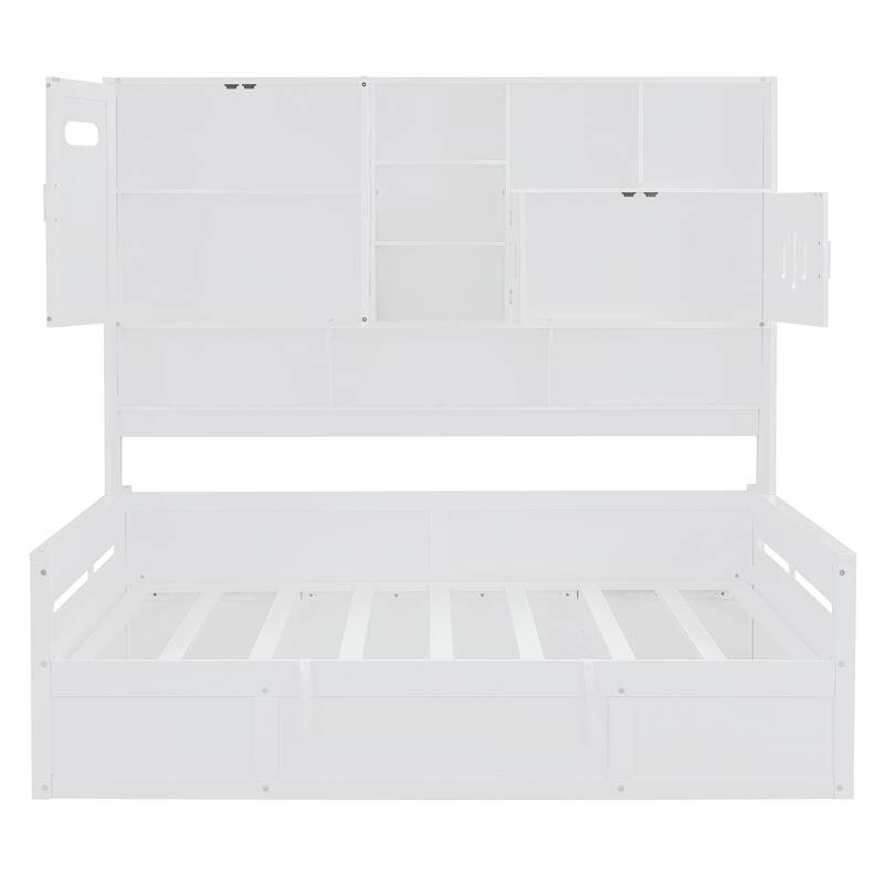 Wooden Daybed Storage Platform Bed with All-in-One Cabinet and Shelf, 10 Slats Multi-Functional Space-Optimizing Bed Frame
