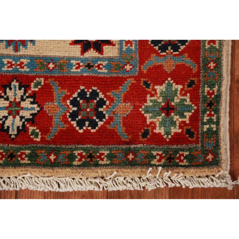 Geometric Kazak Oriental Accent Rug Hand-Knotted Beige Wool Carpet - 2'0" x 3'0"