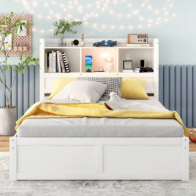 Full Size Storage Platform Bed with Pull Out Shelves, Twin Trundle, and 2 Drawers in White